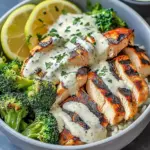 Grilled Chicken & Broccoli Bowls with Creamy Garlic Sauce