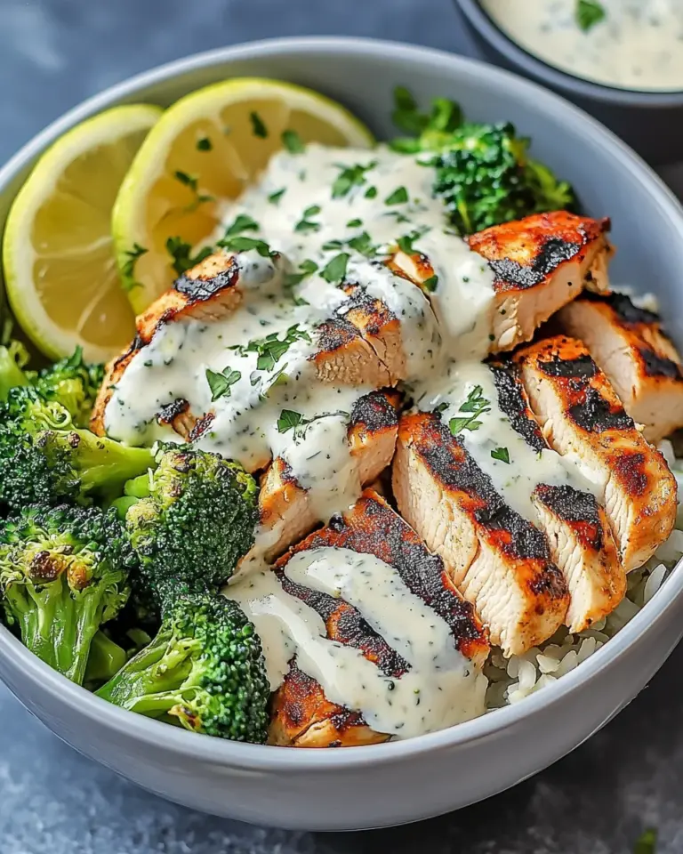 Grilled Chicken & Broccoli Bowls with Creamy Garlic Sauce