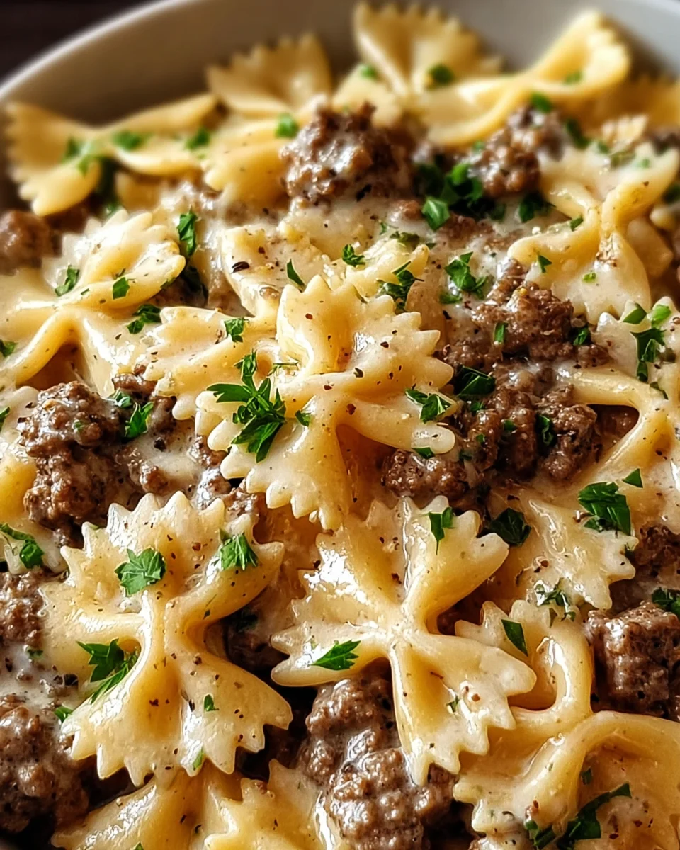 Beef and Bowtie Pasta with Alfredo Sauce