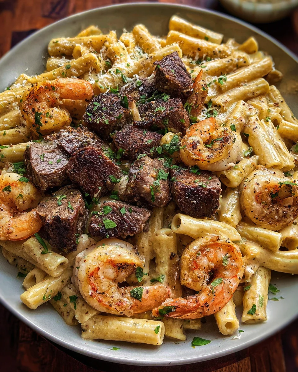 Blackened Steak and Shrimp Alfredo