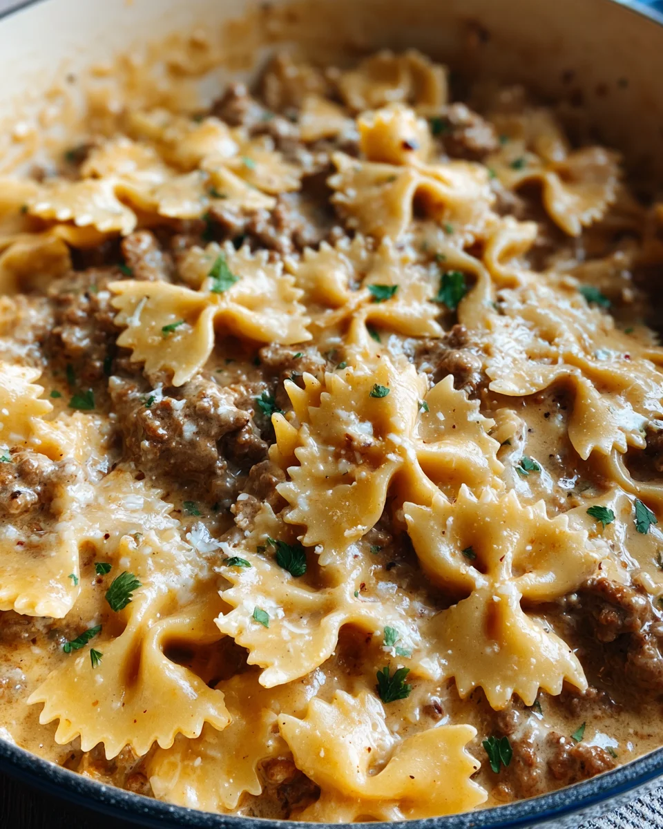 Cheesy Beef and Bowtie Pasta in Garlic Butter