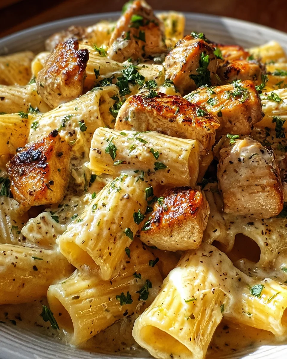 Creamy Garlic Butter Chicken and Rigatoni in Parmesan Sauce