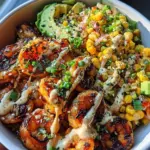 Grilled Shrimp Bowl with Avocado, Corn Salsa & Creamy Garlic Sauce