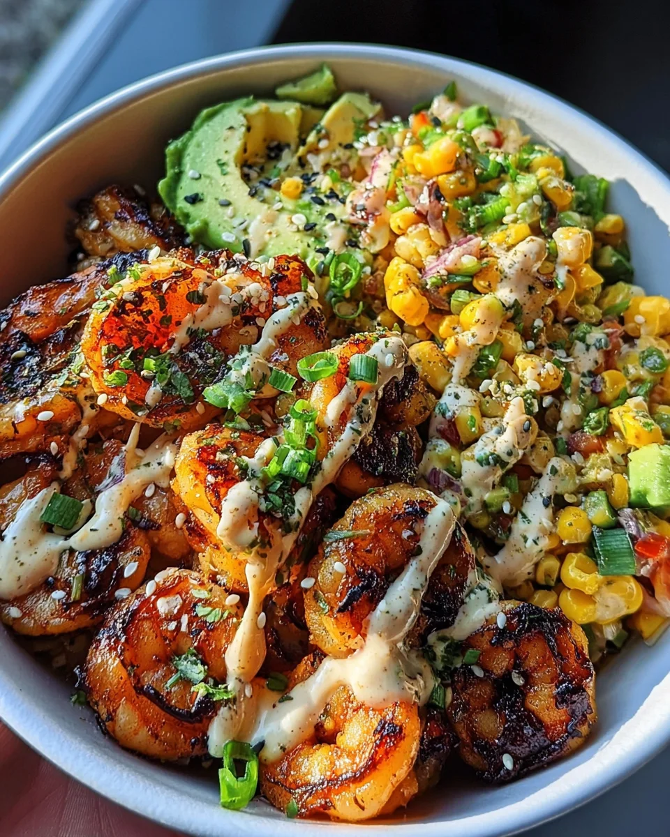 Grilled Shrimp Bowl with Avocado, Corn Salsa & Creamy Garlic Sauce