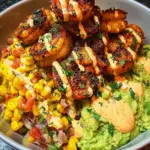 Grilled Shrimp Bowl with Avocado, Corn Salsa & Creamy Sauce