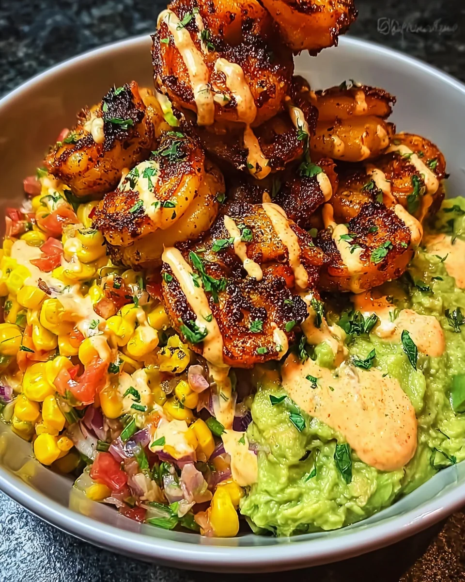 Grilled Shrimp Bowl with Avocado, Corn Salsa & Creamy Sauce