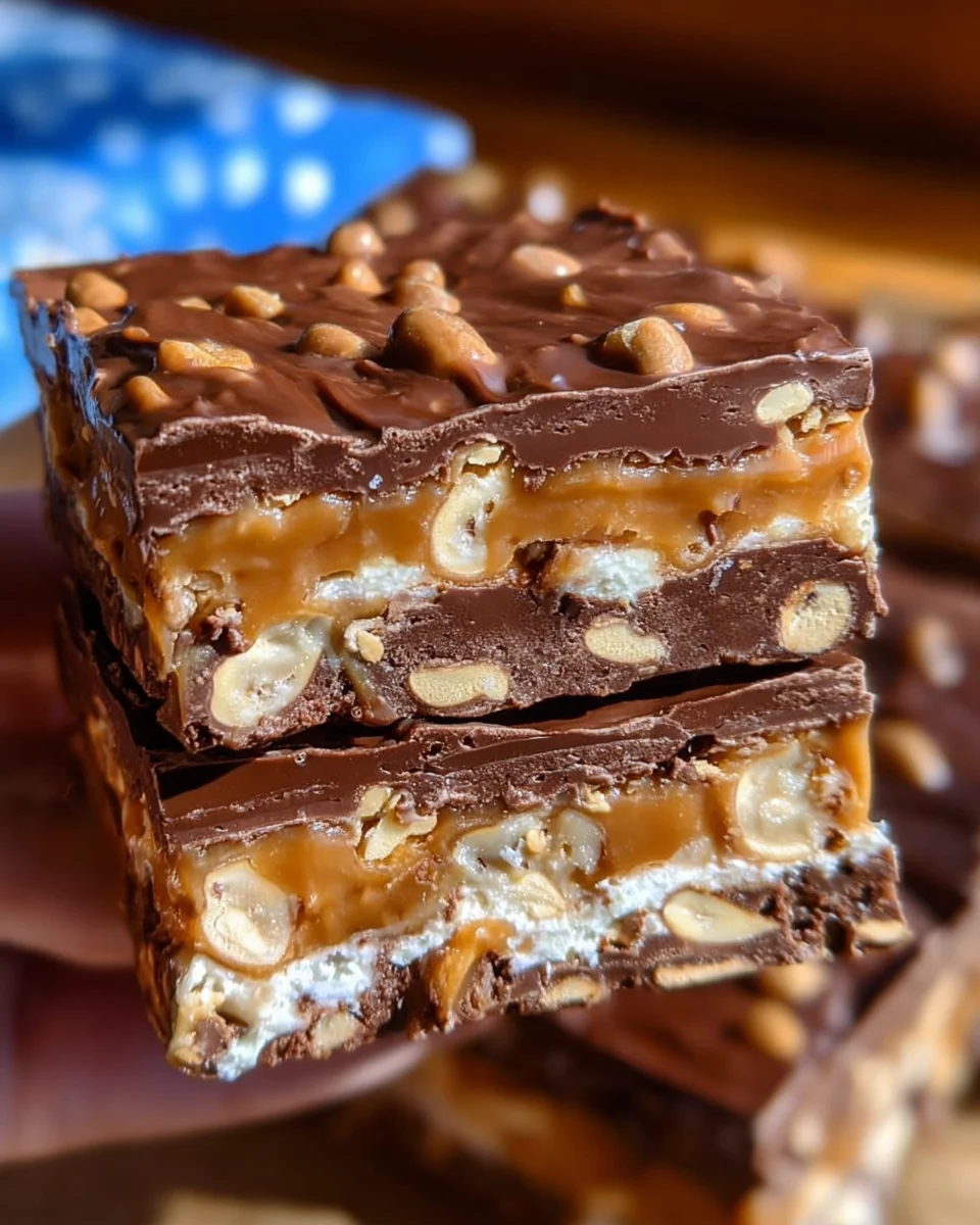 No Bake Crispy Snickers Bars