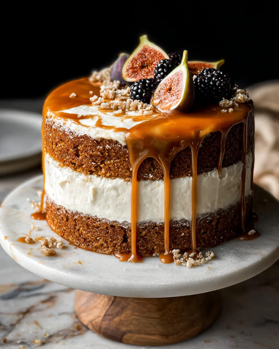 Pumpkin Cake with Cream Cheese Frosting and Salted Caramel Drizzle