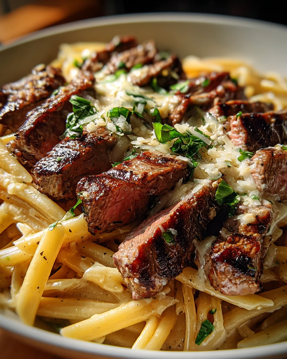 Steak and Creamy Garlic Parmesan Pasta