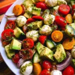 Tomato Cucumber Avocado Salad with Mozzarella and Basil Pesto