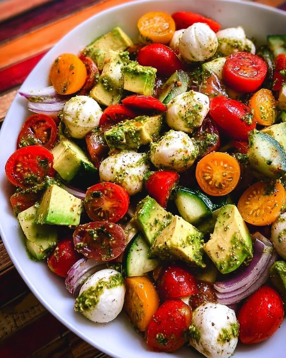 Tomato Cucumber Avocado Salad with Mozzarella and Basil Pesto