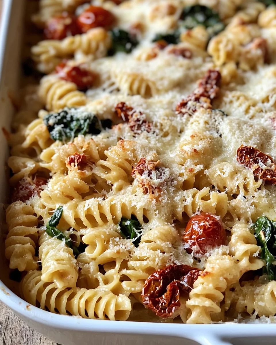Baked Boursin Cheese Pasta with Sundried Tomatoes and Spinach