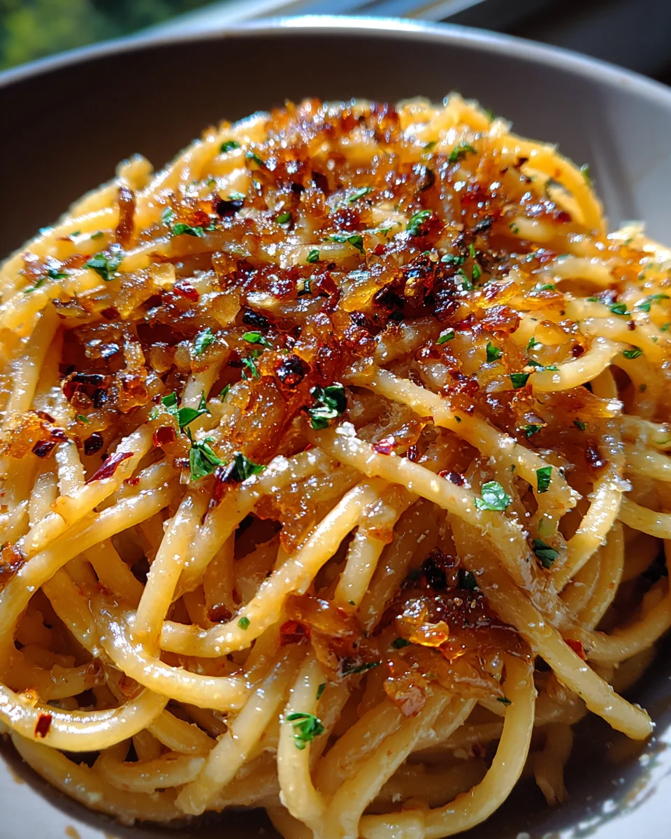Caramelized Onion Pasta with Chili Oil