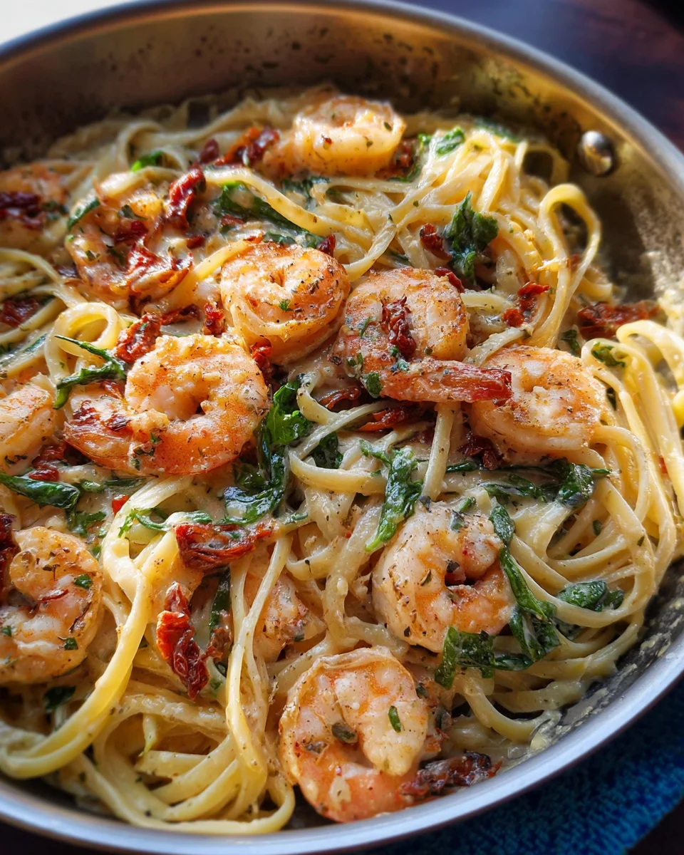 Creamy Tuscan shrimp linguine