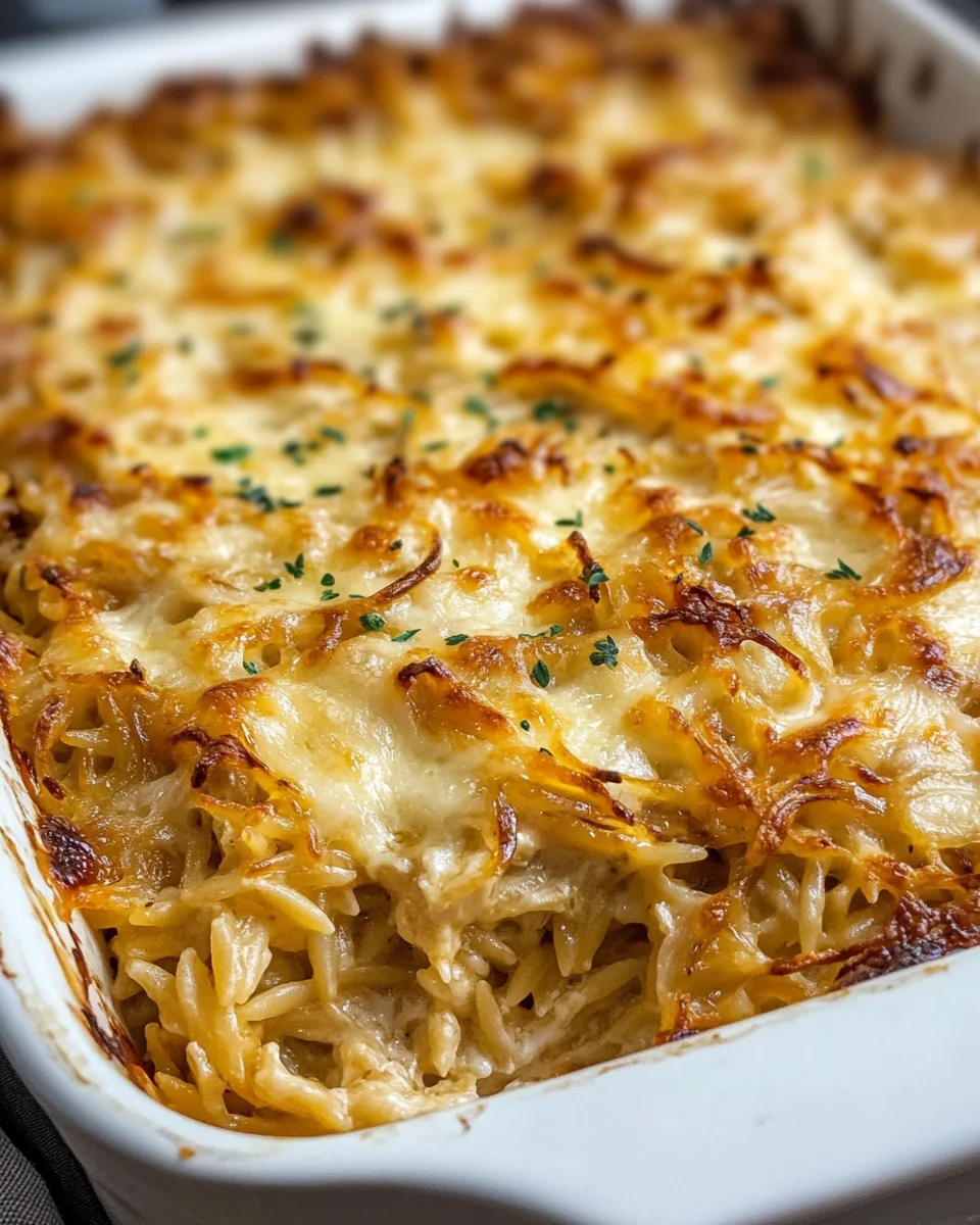 French Onion Chicken Orzo Casserole